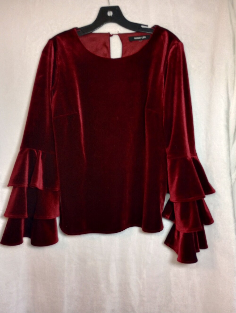 Red Velvet Ruffle Bell Sleeve Peasant Blouse Soft Romantic Boho Chic Top Maroon - Picture 2 of 6